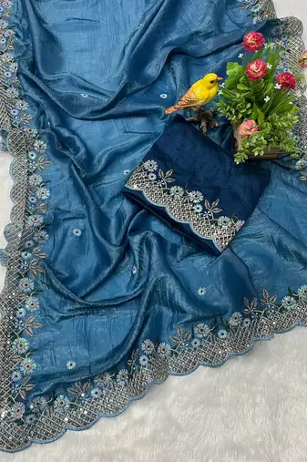 Navy Blue Color Silk Blend Floral Embroidered Work Saree