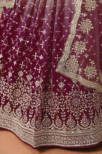 maroon embroidered georgette bridesmaids lehenga set choli with dupatta