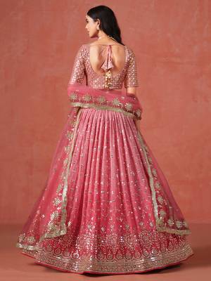peach georgette embroidered zari lehenga set choli with dupatta with dupatta 5