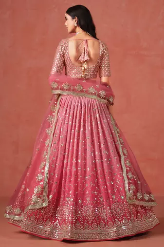 peach georgette embroidered zari lehenga set choli with dupatta with dupatta