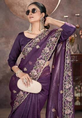Purple Color Embroidered Silk Blend Designer Saree 1