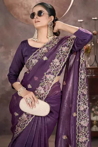 Purple Color Embroidered Silk Blend Designer Saree