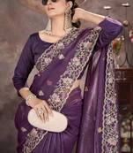 Purple Color Embroidered Silk Blend Designer Saree