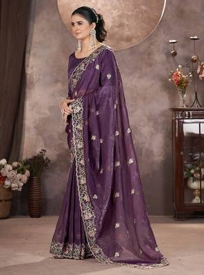 Purple Color Embroidered Silk Blend Designer Saree 2