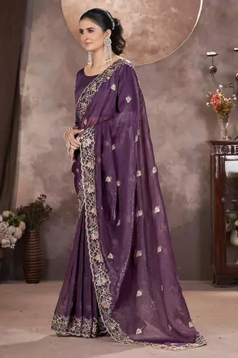Purple Color Embroidered Silk Blend Designer Saree