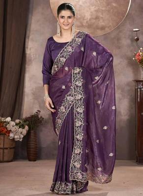 Purple Color Embroidered Silk Blend Designer Saree 3