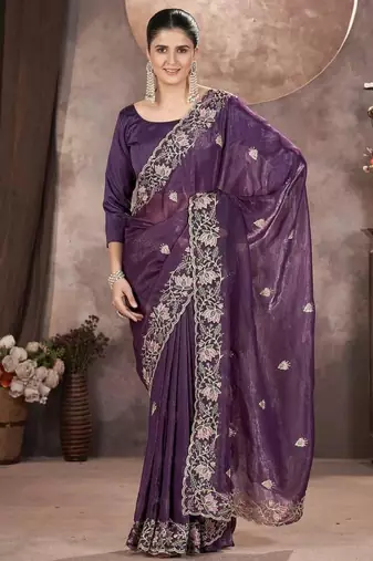 Purple Color Embroidered Silk Blend Designer Saree
