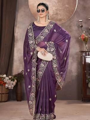 Purple Color Embroidered Silk Blend Designer Saree 4
