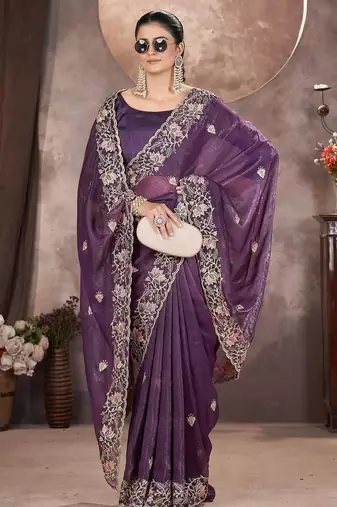 Purple Color Embroidered Silk Blend Designer Saree