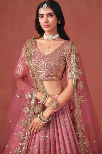 peach georgette embroidered zari lehenga set choli with dupatta with dupatta