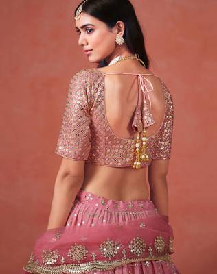 peach georgette embroidered zari lehenga set choli with dupatta with dupatta 7
