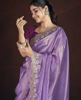 Lavender Color Silk Blend Floral Embroidered Work Saree 1
