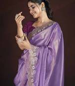 Lavender Color Silk Blend Floral Embroidered Work Saree