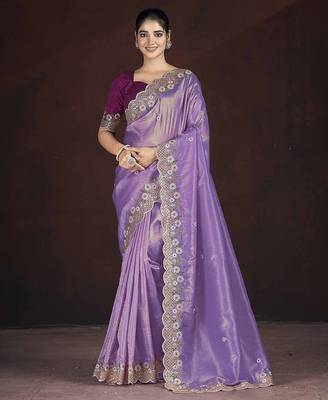Lavender Color Silk Blend Floral Embroidered Work Saree 2