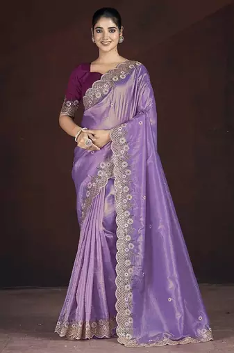 Lavender Color Silk Blend Floral Embroidered Work Saree