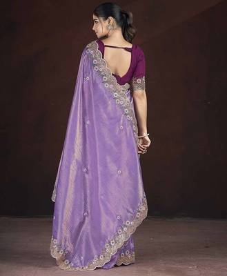 Lavender Color Silk Blend Floral Embroidered Work Saree 3