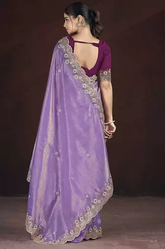Lavender Color Silk Blend Floral Embroidered Work Saree
