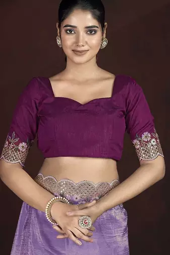 Lavender Color Silk Blend Floral Embroidered Work Saree
