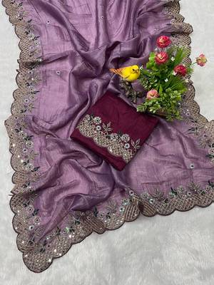 Lavender Color Silk Blend Floral Embroidered Work Saree 5