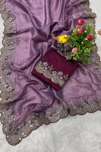 Lavender Color Silk Blend Floral Embroidered Work Saree
