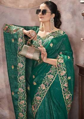 Emerald Green Color Embroidered Silk Blend Designer Saree 1
