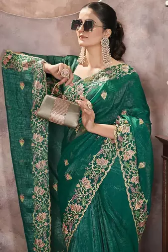 Emerald Green Color Embroidered Silk Blend Designer Saree