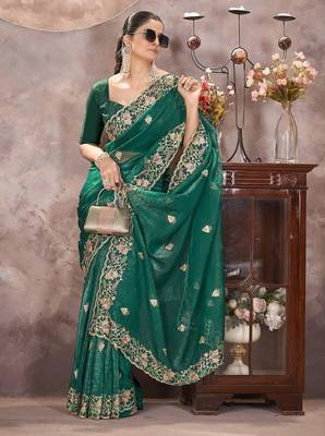 Emerald Green Color Embroidered Silk Blend Designer Saree 2