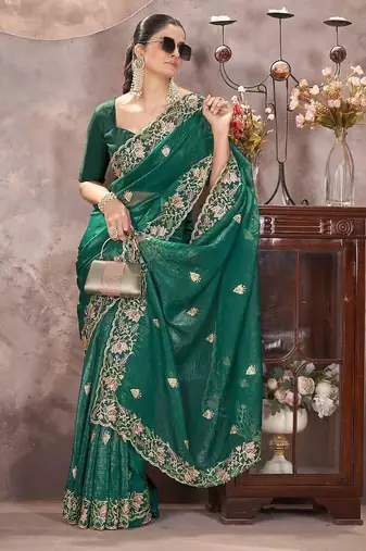Emerald Green Color Embroidered Silk Blend Designer Saree