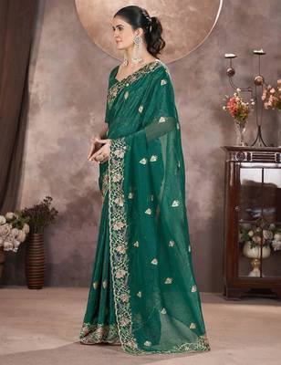 Emerald Green Color Embroidered Silk Blend Designer Saree 3