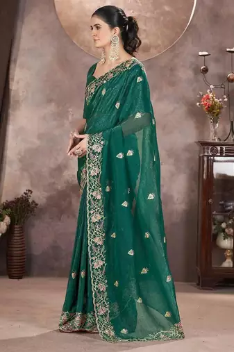 Emerald Green Color Embroidered Silk Blend Designer Saree