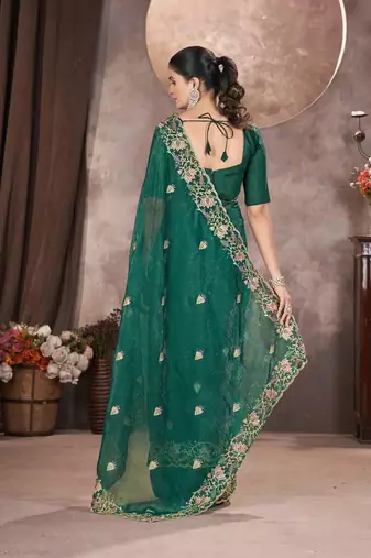 Emerald Green Color Embroidered Silk Blend Designer Saree