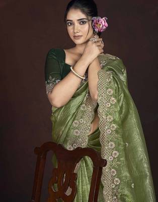 Olive Green Color Silk Blend Floral Embroidered Work Saree 1