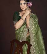 Olive Green Color Silk Blend Floral Embroidered Work Saree