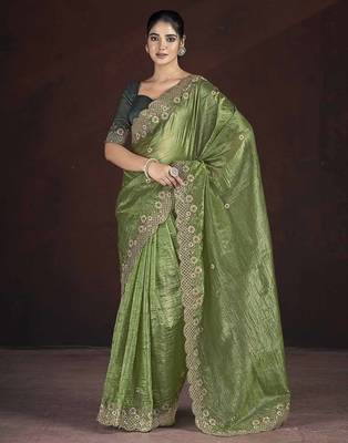 Olive Green Color Silk Blend Floral Embroidered Work Saree 2
