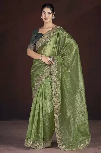 Olive Green Color Silk Blend Floral Embroidered Work Saree