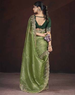 Olive Green Color Silk Blend Floral Embroidered Work Saree 3