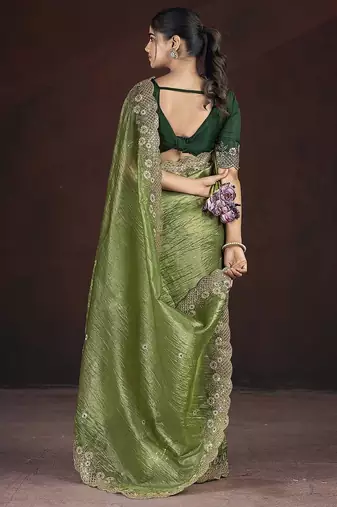 Olive Green Color Silk Blend Floral Embroidered Work Saree