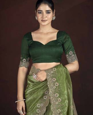 Olive Green Color Silk Blend Floral Embroidered Work Saree 4