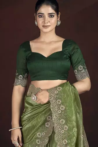 Olive Green Color Silk Blend Floral Embroidered Work Saree