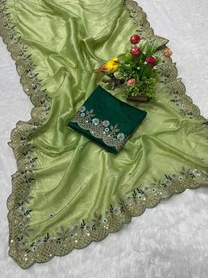 Olive Green Color Silk Blend Floral Embroidered Work Saree 5