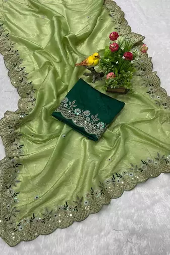 Olive Green Color Silk Blend Floral Embroidered Work Saree