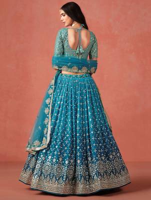 teal blue sequins work georgette lehenga set choli with dupatta 5