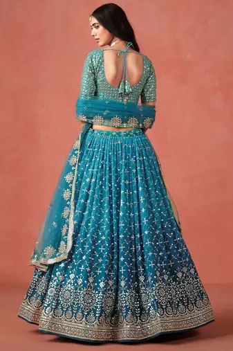 teal blue sequins work georgette lehenga set choli with dupatta