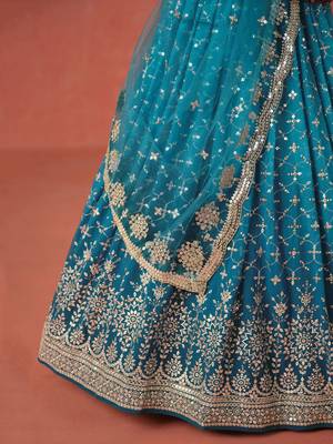 teal blue sequins work georgette lehenga set choli with dupatta 7