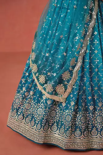 teal blue sequins work georgette lehenga set choli with dupatta