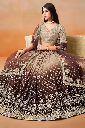 brown georgette sequins lehenga set choli with dupatta with dupatta