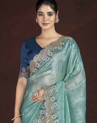 Light Green Color Silk Blend Floral Embroidered Work Saree 1