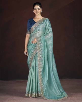 Light Green Color Silk Blend Floral Embroidered Work Saree 2