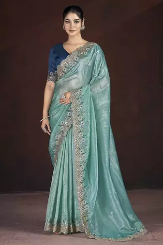 Light Green Color Silk Blend Floral Embroidered Work Saree