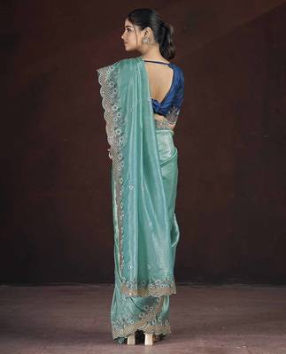 Light Green Color Silk Blend Floral Embroidered Work Saree 3